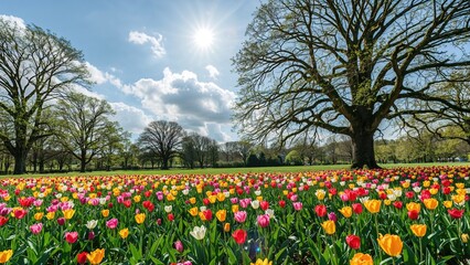 Fototapeta premium Vibrant green scenery adorned with spring flowers