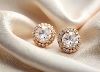 Close-up of elegant gold stud earrings with sparkling clear gemstones resting on soft creamy silk fabric