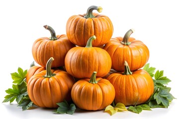 A pile of seven ripe orange pumpkins some with green leaves and stems arranged on a white background for autumn harvest