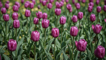Fototapeta premium Lush field of purple tulips blossoming in springtime garden