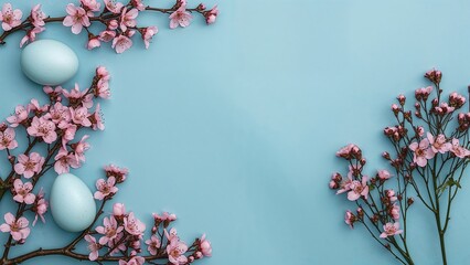 Pastel blue Easter setup featuring colorful eggs and delicate pink apple tree flowers, spacious blue backdrop, charming spring message card.
