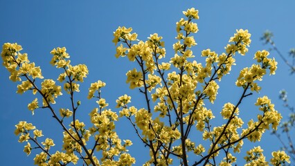 Yellow blossoms on tree branches with a clear blue sky in spring