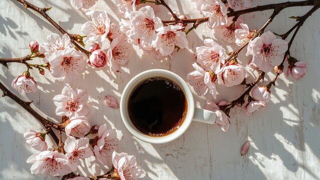 A Coffee Cup Set Among Fresh Spring Blossoms - Powered by Adobe