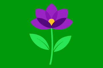 Stylized purple flower with green leaves on a vibrant green background