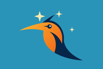 Stylized bird logo illustration in orange and navy with sparkle on a blue background