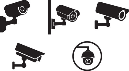 Vector set of security surveillance camera illustrations showing different styles and mounts