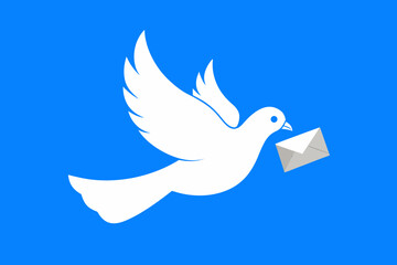Obraz premium White dove delivering mail against a vibrant blue background for communication concepts