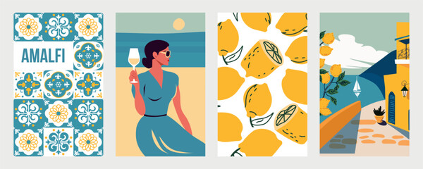 Sunny Italy Poster  set with lemons, coastal architecture, a stylish girl with a drink, and classic Mediterranean tile patterns. Perfect for summer-themed designs, retro travel concepts, vacation deco