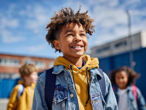 Happy Schoolboy Smiling Outdoors with Friends on a Bright Day