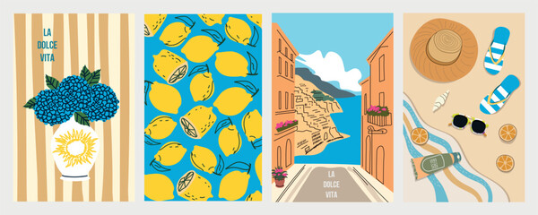 Vector poster set with Italian summer elements- sunhat, flip flops, seashells, oranges, lemons, and sunglasses on sand. Bold retro-style illustrations, mediterranean lifestyle.For travel projects, vac