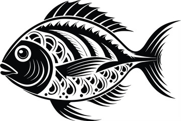 Ornate black and white fish features tribal inspired details flowing across its body shape