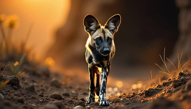 African wild dog walking near its den