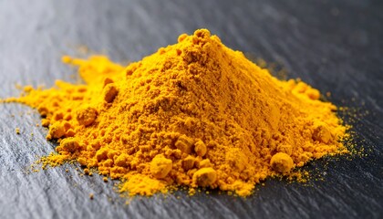 Pile of bright yellow turmeric powder on dark slate