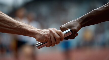 Close-up of relay race baton exchange