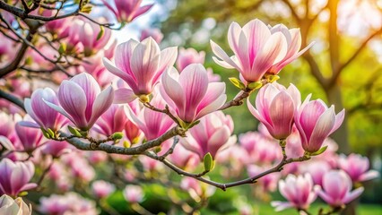 Obraz premium Large cluster of magnolia flowers blooming on a branch in the spring