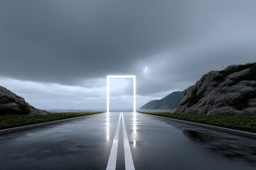 Glowing Rectangular Portal on Wet Road Leading to Ocean Under Dramatic Sky A Surreal Seascape with a Mysterious Entrance