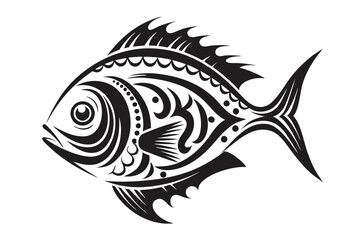 Ornate black fish swims with intricate patterns on a white background, appearing vibrant