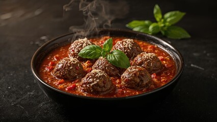 Beef meatballs cooked in a zesty tomato-based sauce