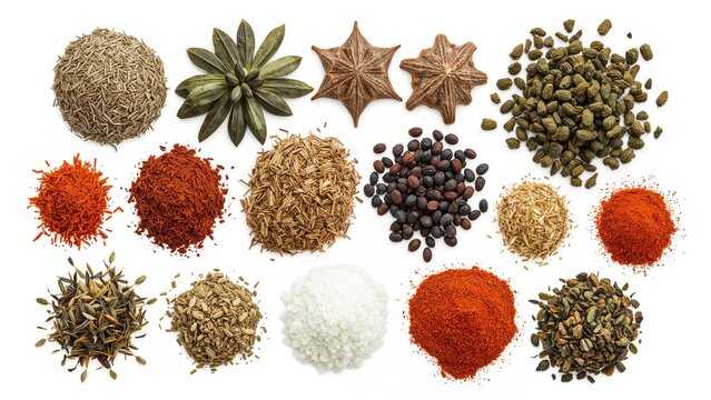 variety of spices arranged on a white background including cumin star anise paprika coriander salt and black pepper
