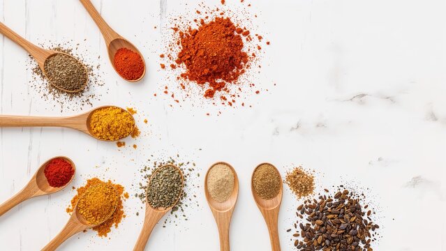 A selection of seasonings in wooden spoons