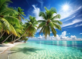 Fototapeta premium Tropical beach scene with palm trees and crystal clear waters