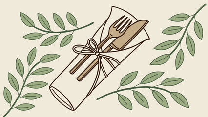 Elegant table setting illustration with cutlery napkin and leaves for restaurant menu and event design
