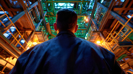 Worm’s Eye View of Engineer Beneath Robotic Arm in Futuristic Factory