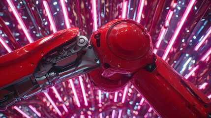Worm’s Eye View of Engineer Beneath Robotic Arm in Futuristic Factory
