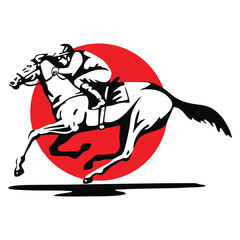 Fototapeta premium Galloping Racehorse and Jockey with Red Sun, Stylized Vector Logo 