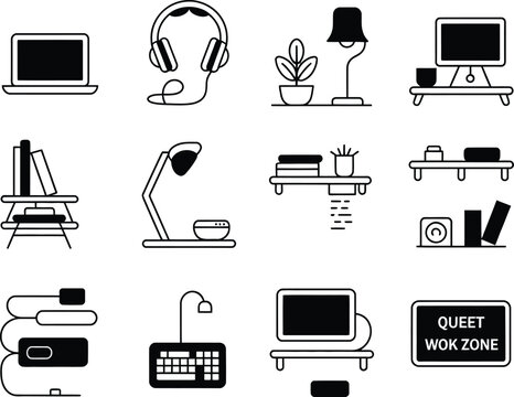 Collection of hand drawn office and study desk items and technology