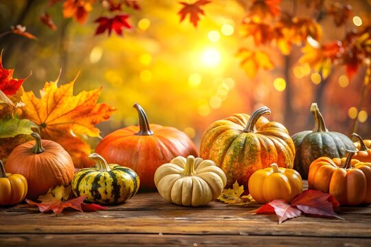 A variety of colorful pumpkins and gourds are displayed on a rustic wooden table with fallen autumn leaves