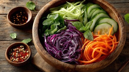 Fototapeta premium Fresh vegetable salad in a wooden bowl, vibrant and natural ingredients arranged with care, celebrating wholesome and healthy eating.