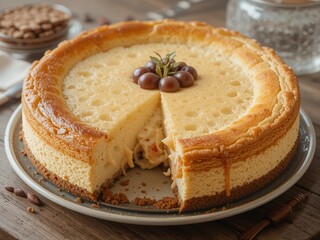 cheesecake with one slice already removed, revealing the soft texture of its interior. The cake has a golden-brown crust on the outside, and its top is adorned with several brownish-purple grapes and 