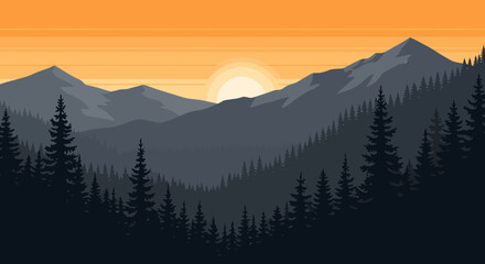 Fototapeta premium Forested Mountain Landscape at Sunset with Silhouetted Evergreen Trees.