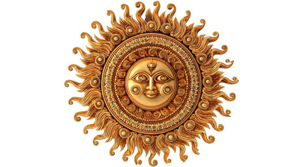 A detailed golden sun face with radiating rays isolated on a transparent background