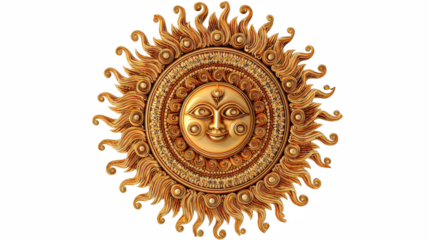 A detailed golden sun face with radiating rays isolated on a transparent background