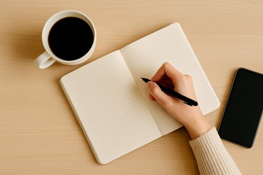 Top-down view of a woman writing in a notebook on a wooden desk. Coffee mug and smartphone nearby. Cozy workspace, soft beige tones, minimal style, no face visible.