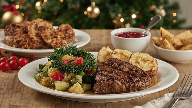 Festive meal featuring grilled steak, holiday wreath salad, roasted potato, charred veggies, and berry sauce