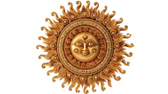 A detailed golden sun face with radiating rays isolated on a transparent background