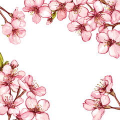 Fototapeta premium My Watercolor illustration hand-painted frame made of cherry blossoms painting isolated on a white background, illustration, AI painting design, vector set, eps format