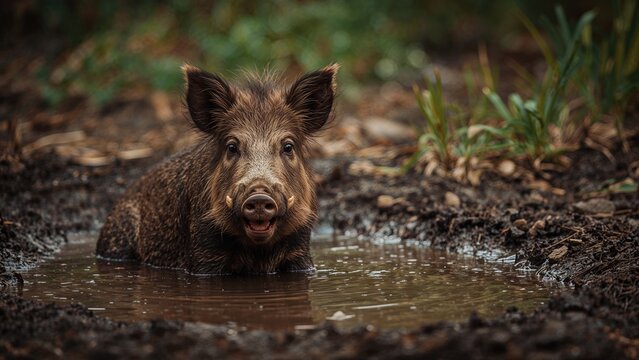 Tusky wild boar sitting in a swampy area
