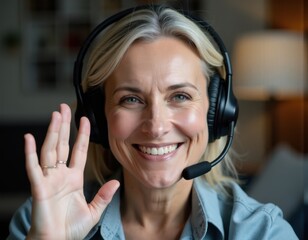 Casual video call Smiling mature woman in digital headphones calling from home looking at web camera waving hand hi in virtual greeting meeting friend doctor colleague online Screen view portrait