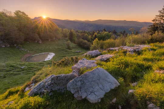 View of sunrise casts golden light over the rugged rocks and verdant hills surrounding a small pond, Parco Naturale Regionale della Lessinia, Veneto, Italy.