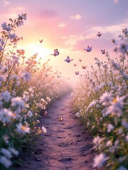 Obraz premium A path through flowers with butterflies flying in the sky during a colorful sunset scene outdoors