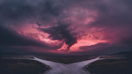 A dramatic split in the road under a moody sky, symbolizing life's pivotal choices.