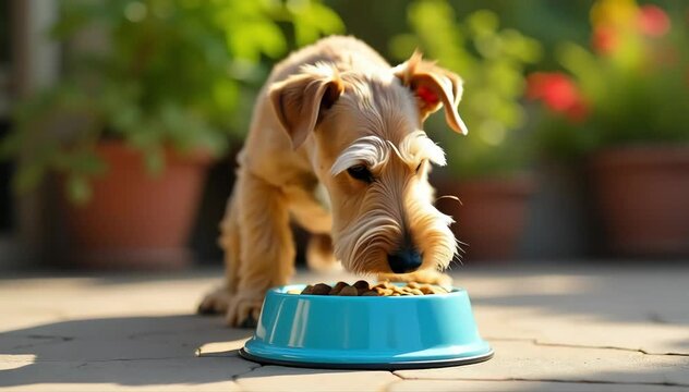 Airedale terrier eating kibble from a dog bowl