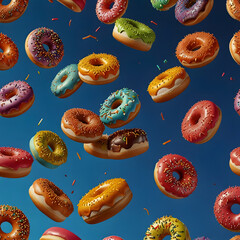 Colorful Flying Donuts with Toppings on Blue Background