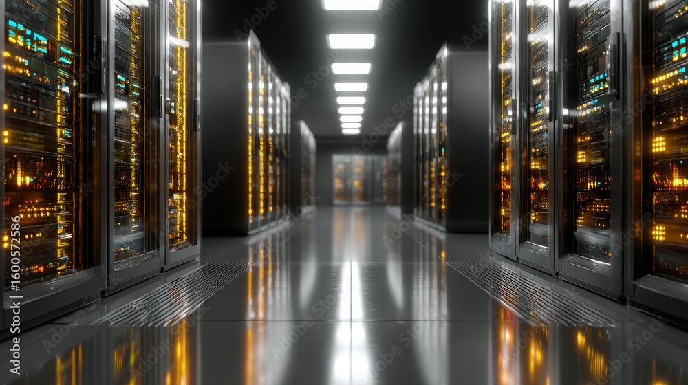 Poster inside a modern data center showing rows of server racks and blinking lights