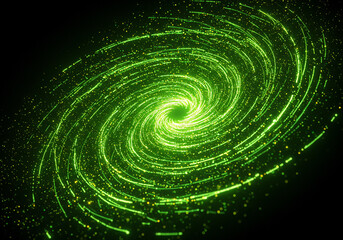 A swirling, luminous green galaxy or nebula illustration, with streaks of light emanating from a bright central point against a dark background.