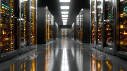 Inside a modern data center showing rows of server racks and blinking lights